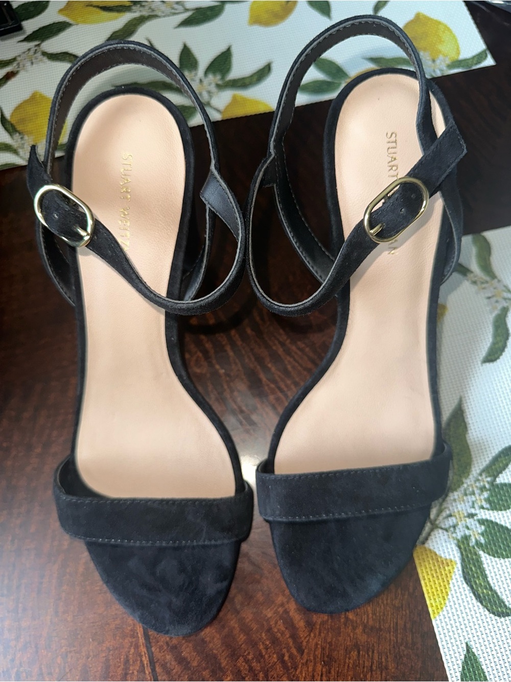 Stuart Weitzman Black Suede Open-Toe Ankle-Strap Heels